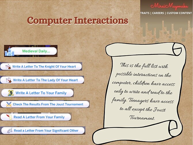 Medieval Interactions 1.0 by MiraiMayonaka at Mod The Sims 4