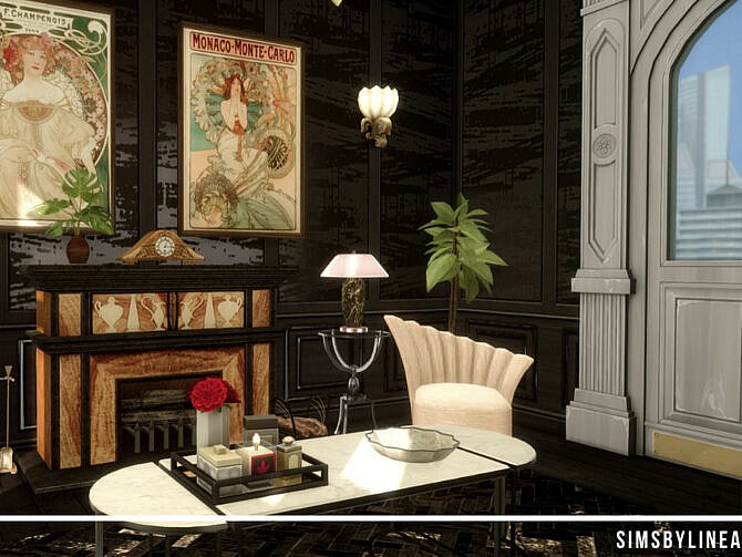 Retro Dark Art Deco Living Room by SIMSBYLINEA at TSR