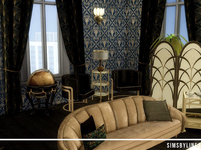 Retro Dark Art Deco Living Room by SIMSBYLINEA at TSR