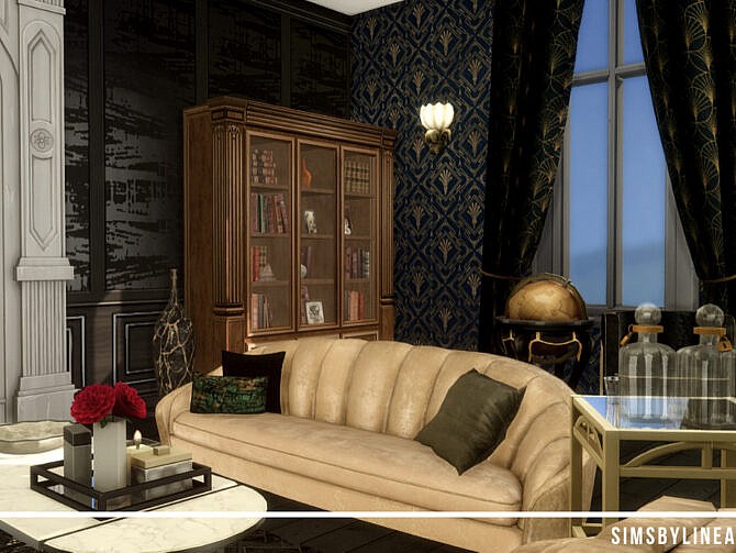 Retro Dark Art Deco Living Room by SIMSBYLINEA at TSR