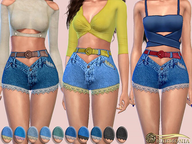 Crochet Lace-Trim Denim Shorts by Harmonia at TSR