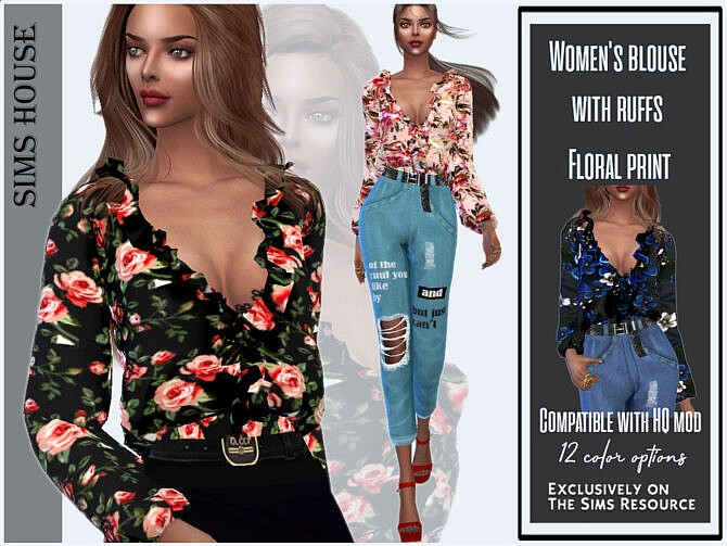 Women’s blouse with ruffs Floral print by Sims House at TSR