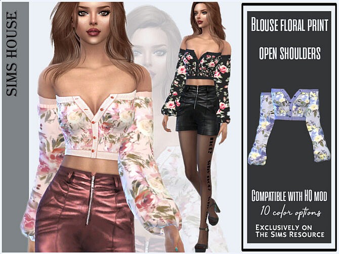 Blouse floral print open shoulders by Sims House at TSR