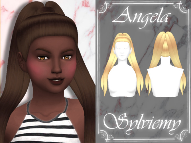 Hairstyles: Angela Hairstyle (Child) by Sylviemy – TSR. New Mesh, Maxis Match, All Lods, Base Game Compatible, Hat Compatible, 9 Swatches.