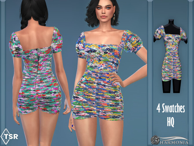 Colorful Floral Puff Sleeve Dress by Harmonia at TSR