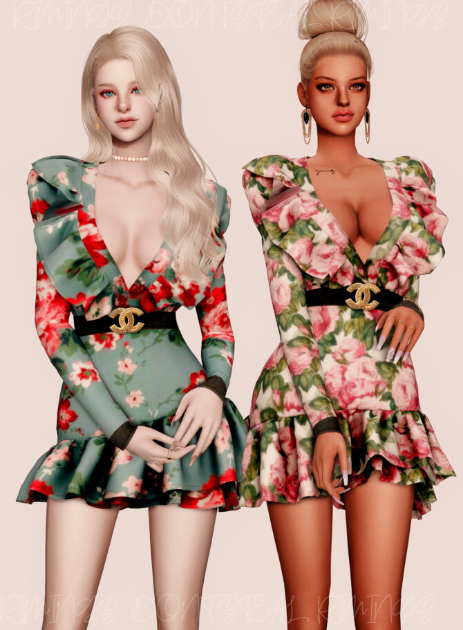 Deep V Neck Floral Frill Dress at RIMINGs