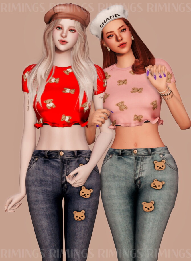 Lovely Bear Pattern Crop Top & Lovely Bear Patch & Jeans at RIMINGs