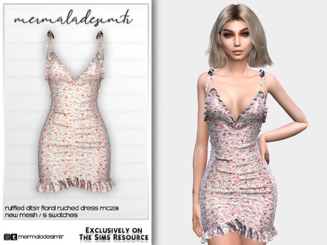 Ruffled Ditsy Floral Ruched Dress MC231 by mermaladesimtr at TSR