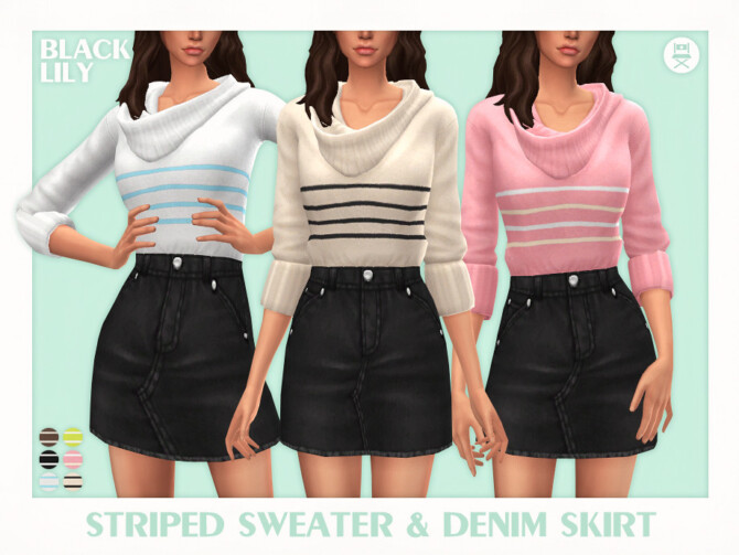 Striped Sweater & Denim Skirt by Black Lily at TSR