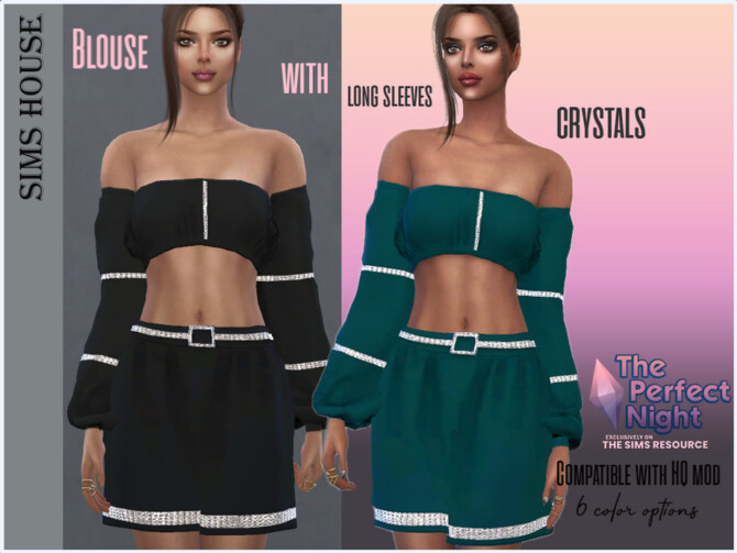 Blouse with long sleeves with crystals by Sims House at TSR