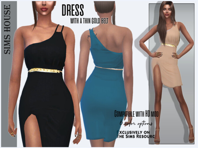 Dress with a thin gold belt by Sims House at TSR