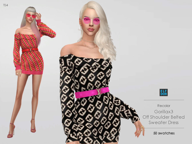 Gorillax3 Off Shoulder Belted Sweater Dress RC at Elfdor Sims