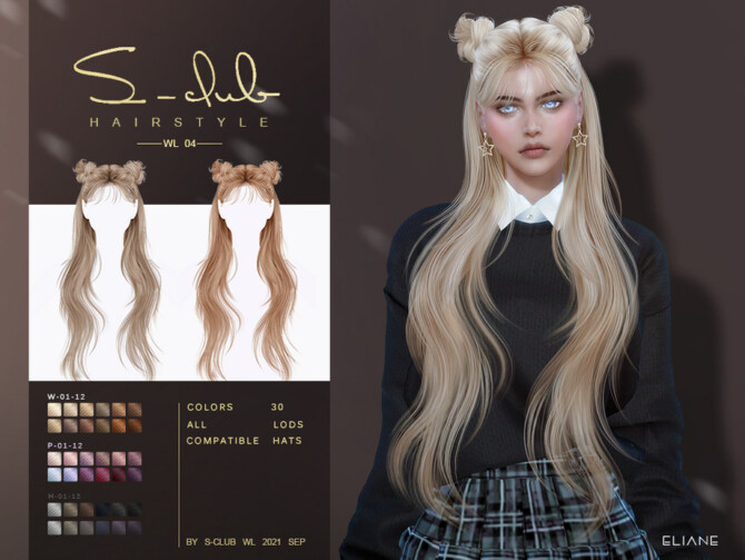 Long straight hair with buns (ELIANE) by S-Club at TSR