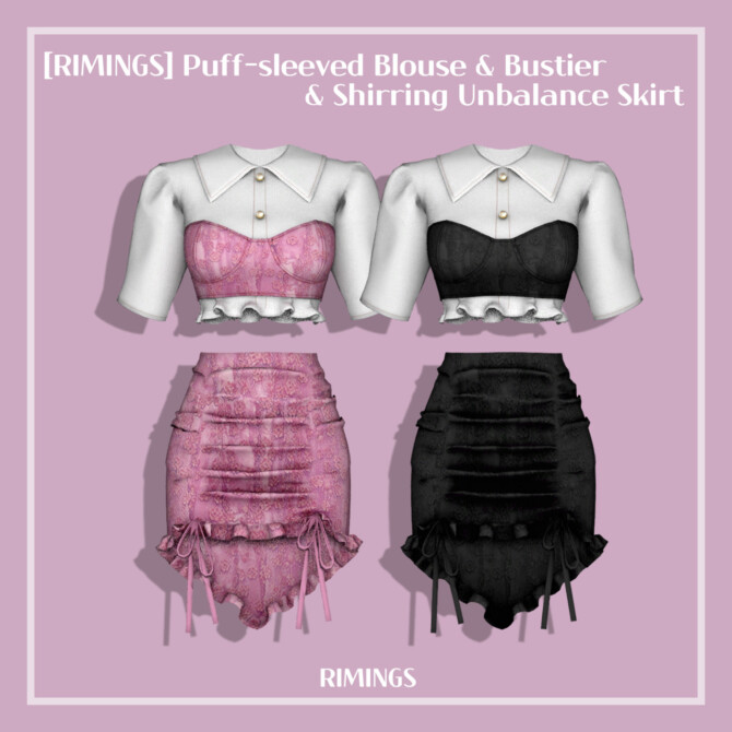 Puff-sleeved Blouse & Bustier & Shirring Unbalance Skirt at RIMINGs