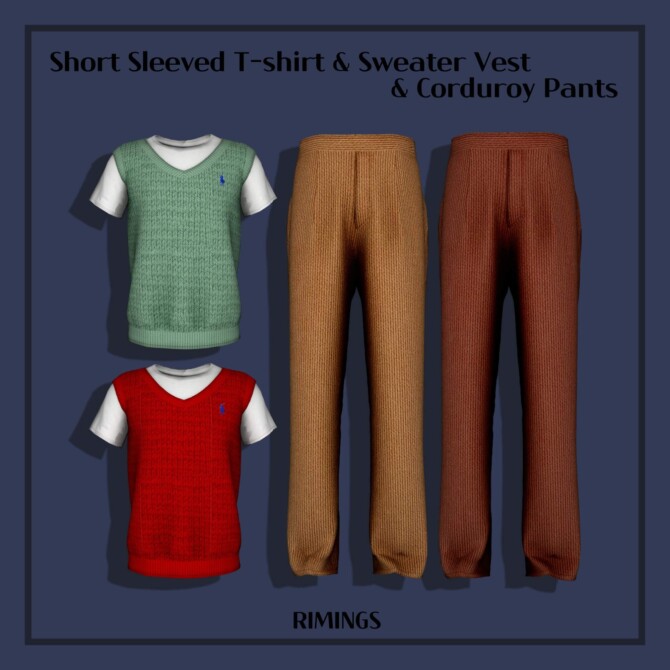 Short Sleeved T-shirt & Sweater Vest & Corduroy Pants at RIMINGs