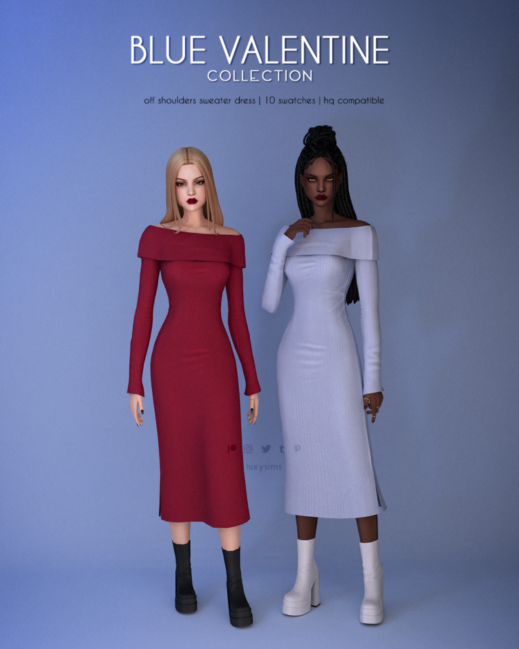 Off Shoulders Sweater Dress - Blue Valentine Collection by luxysims