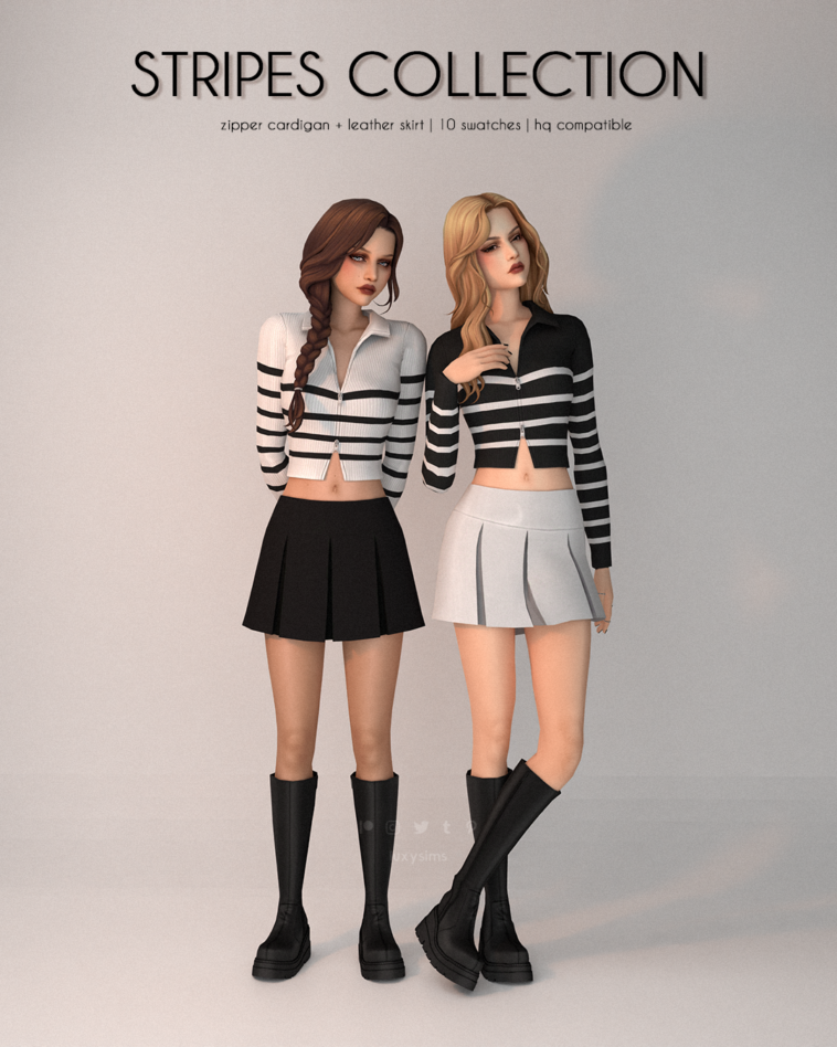 Zipper Cardigan + Leather Skirt - Stripes Collection by luxysims